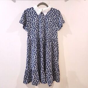 Cottagecore Floral Dress Misia  Vintage Style Preppy Short Sleeve Stretch Navy M